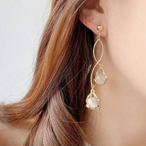 Boho-Elegant Long Tassel Opal Design Earrings Stainless Steel Drop Fashion Look - Picture 9 of 15